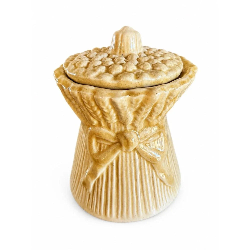 Vintage Wheat Sheaf Ceramic Lidded Jar Canister Yellow Farmhouse Harvest Decor